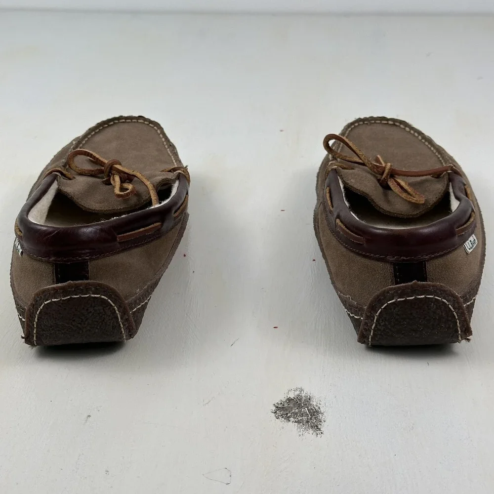 LL‎ Bean  HandSewn Shearling Lined Slippers Mens 8Brown Roughout Suede Moccasins
